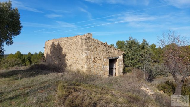 Finca con másica de piedra en Calaceite con almendros y olivos.